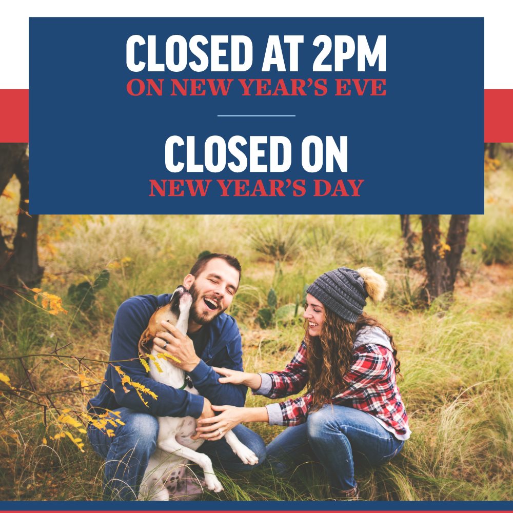 Our hospital will close at 2:00pm on Thursday, December 31st and will be closed all day on Friday, January 1st for the holiday. We wish everyone a safe and happy New Year and we'll see you all in 2021!