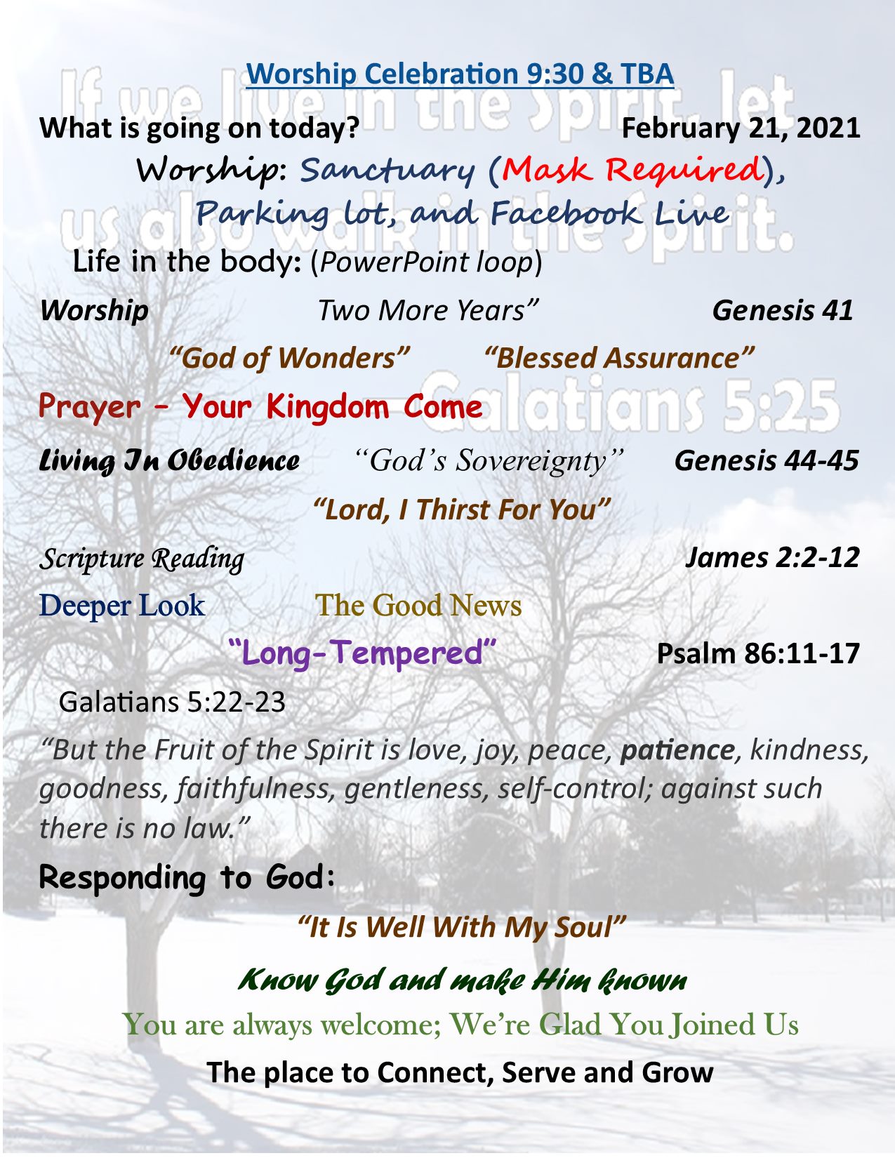 Good Morning! It is a cold morning in central PA, time to add fuel to the fire and stir up the coals. It is time to do the same in your souls! Get ready to join Living Faith Ministries at 9:30 as we look into God's Word and sing His praises as He adds fuel to the fire in our soul and stirs up the flame of our passion for Him and His mission in and through our lives. Living Faith Ministries the place to Connect, Serve, and Grow.