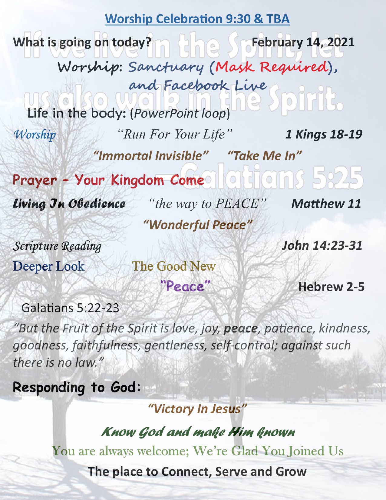 Good Morning from Central PA. It is almost time to join together in assemblies and online to open God's word and experience His truth, to celebrate Jesus and His great work of redemption of your soul, and to know the living power of the Holy Spirit's ever presence in and through the life of the believer. Join us at 9:30 am EST for a live stream of our worship celebration. Living Faith Ministries the place to Connect Serve and Grow